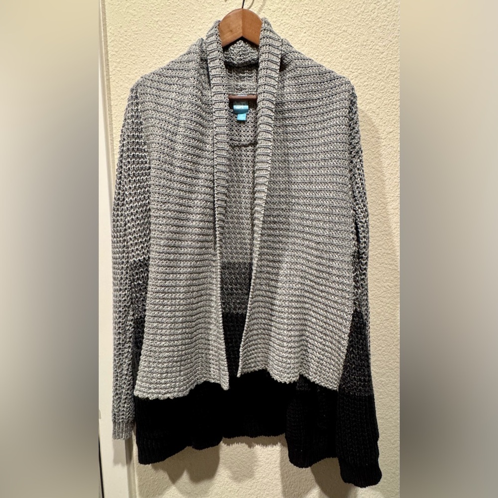 Barneys New York 100% Cotton Gray and Black Chunky Knit Cardigan